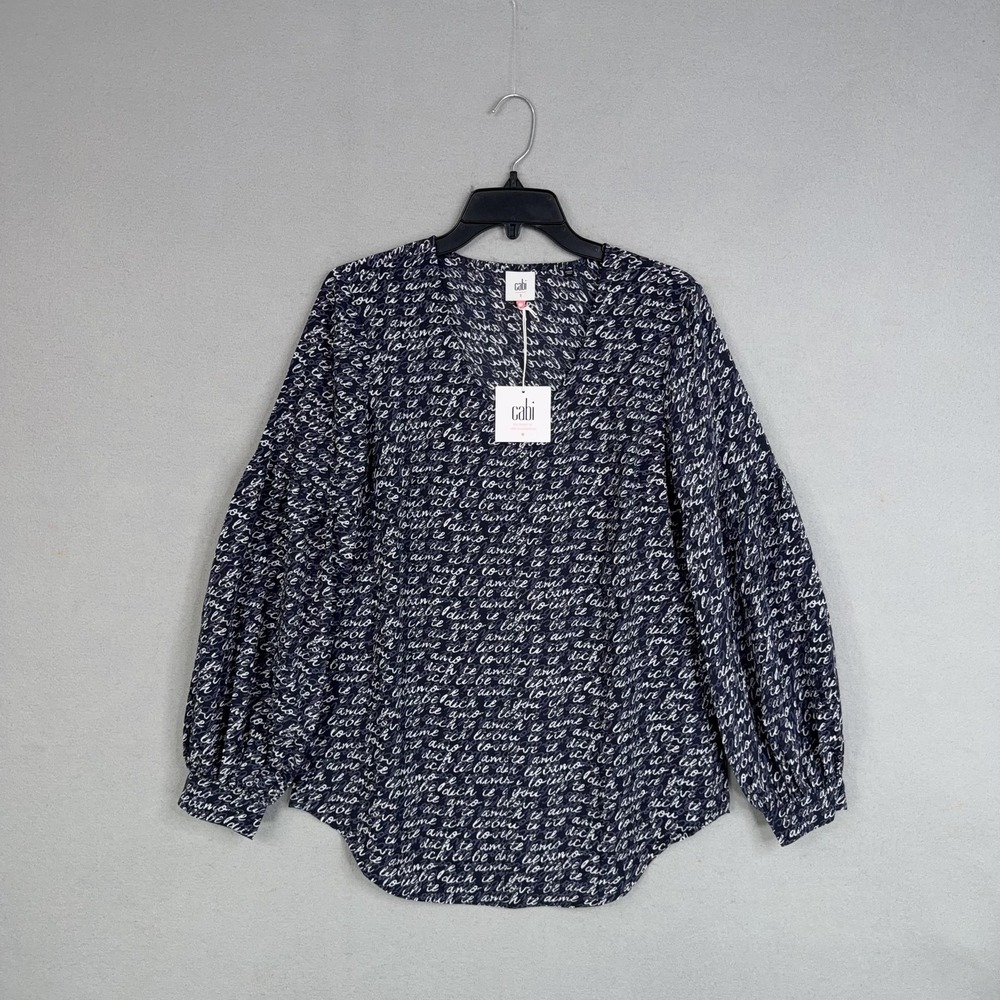 Cabi Blouse Womens Small Blue Love Te Amo Script Balloon Tunic Top Feminine Work